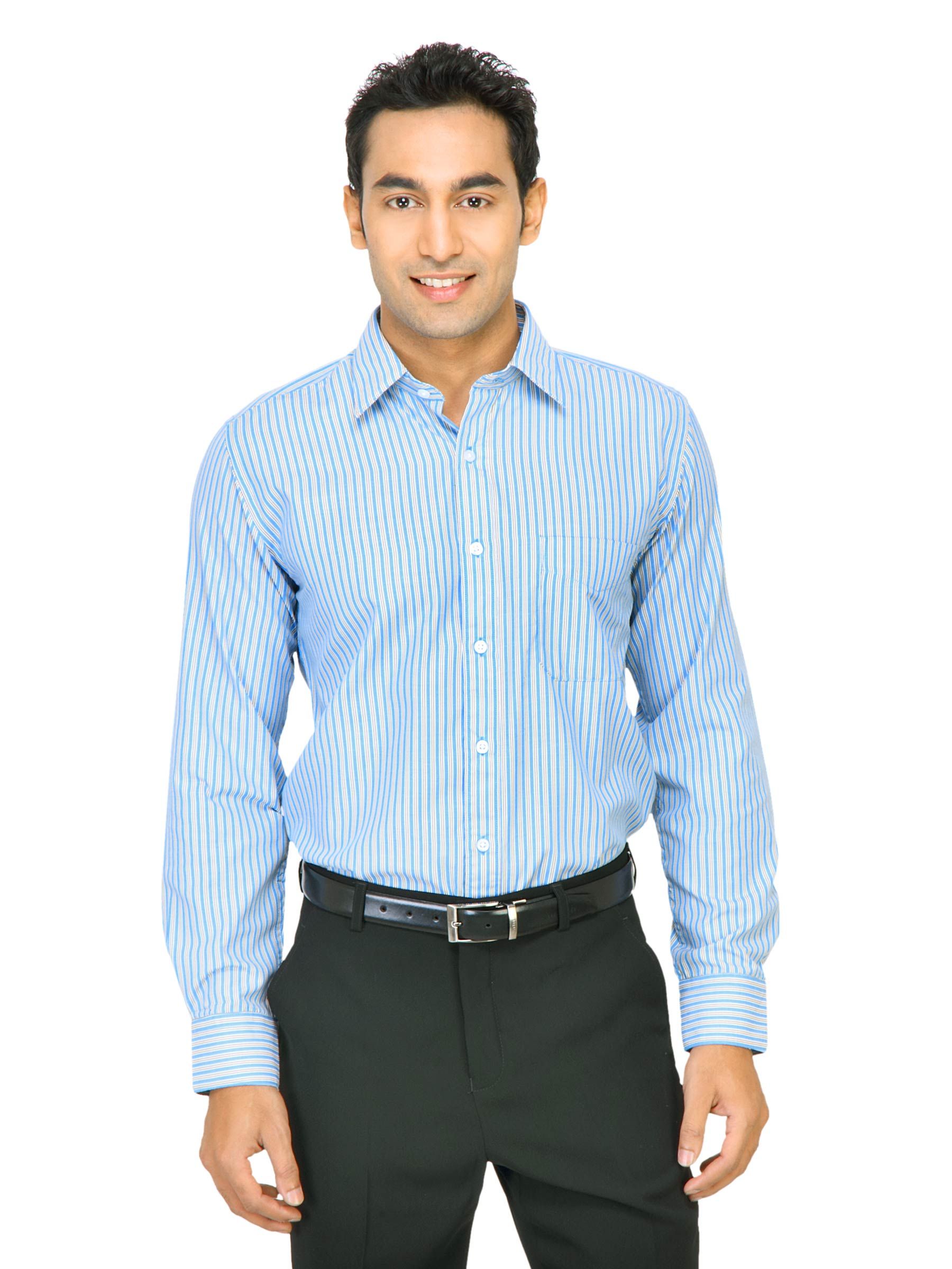 Mark Taylor Men Light Blue Thin White & Brown Striped Shirts