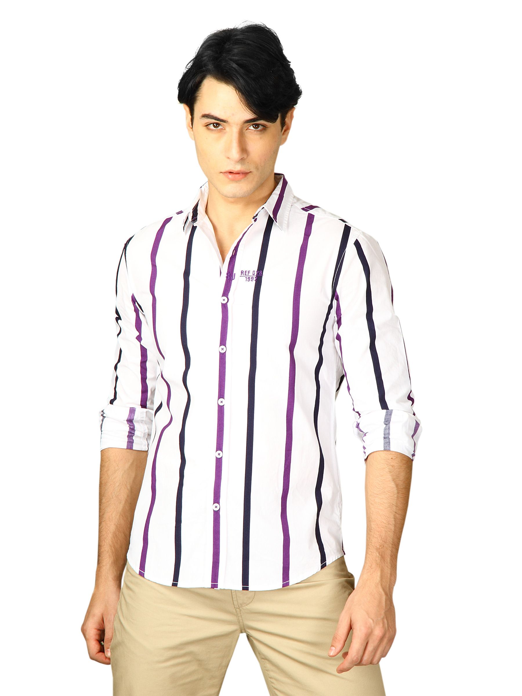 Spykar Men Ranger Purple-Black Stripe White Shirts
