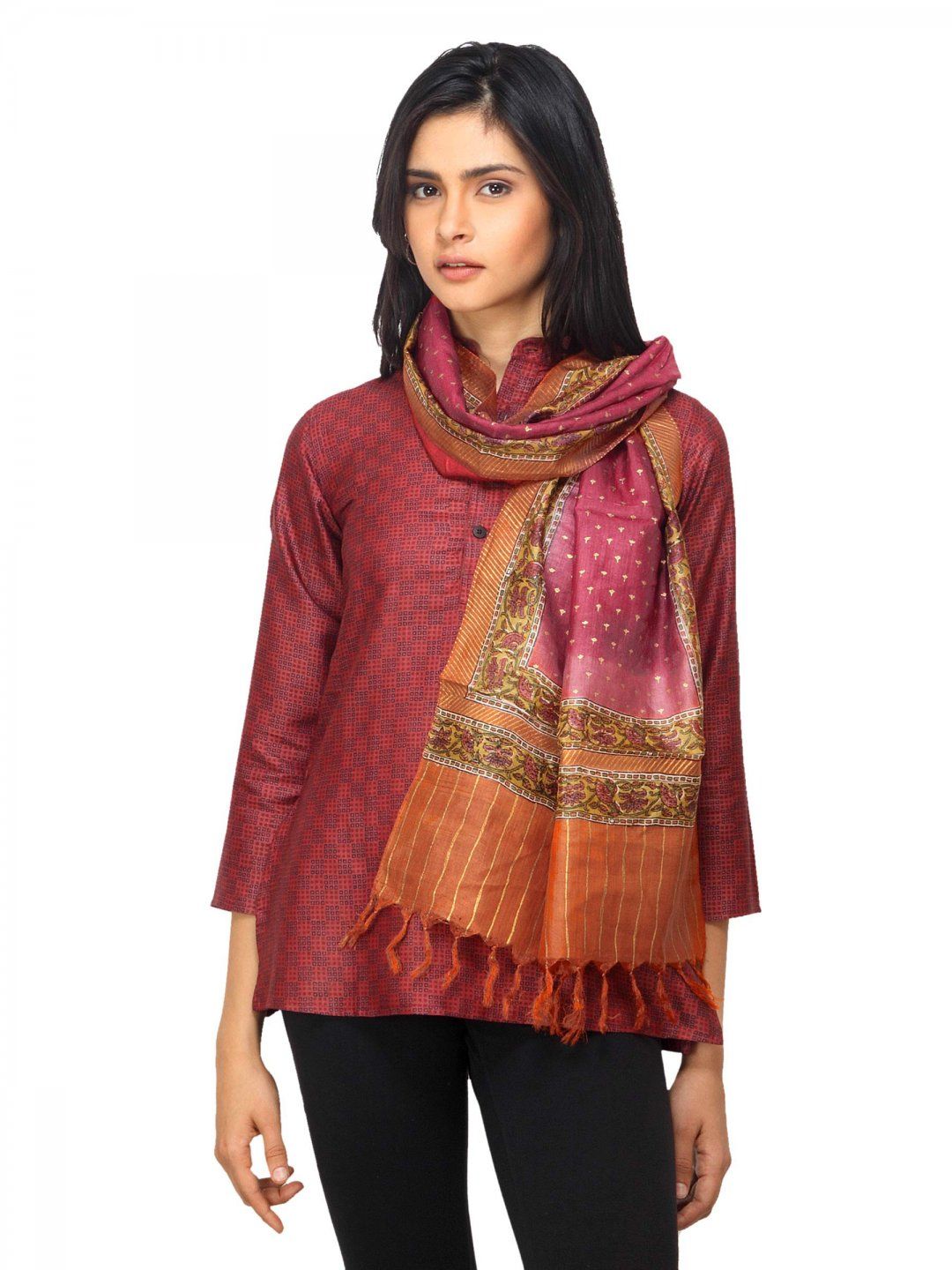 Fabindia Women Mughal Printed Orange Stole