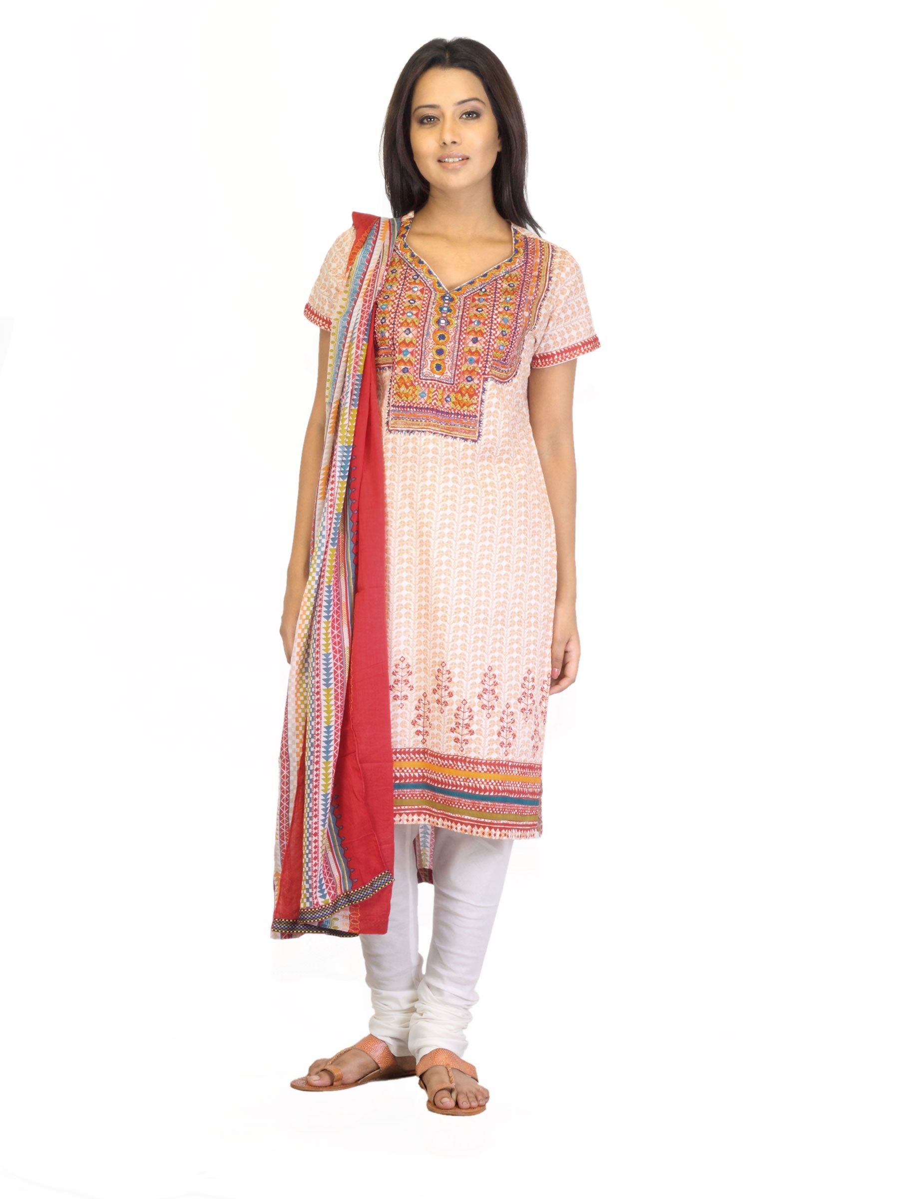 Biba Outlet Women Orange & White Printed Churidar Kurta with Dupatta