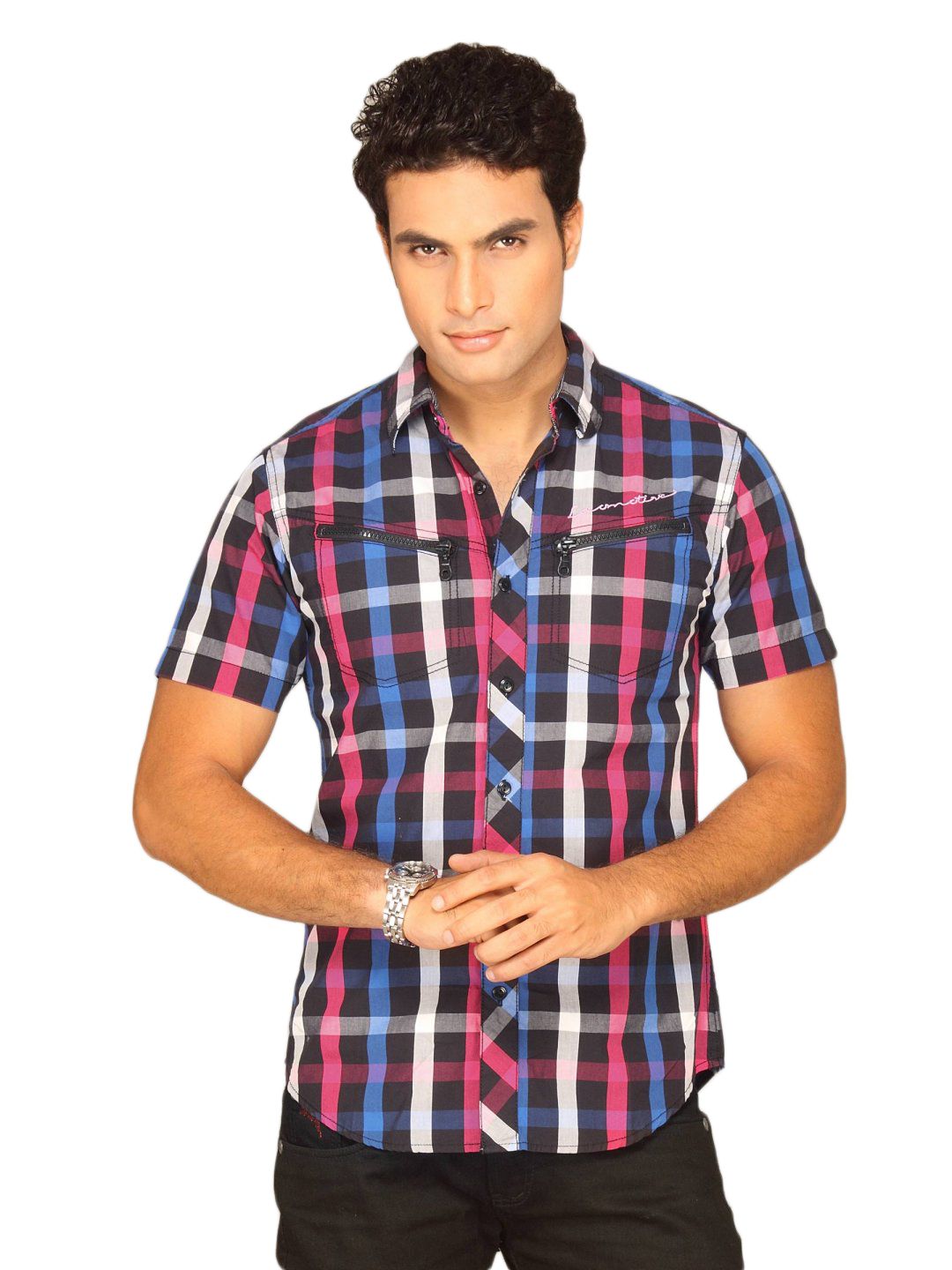 Locomotive Men Black Pink Checked Shirt