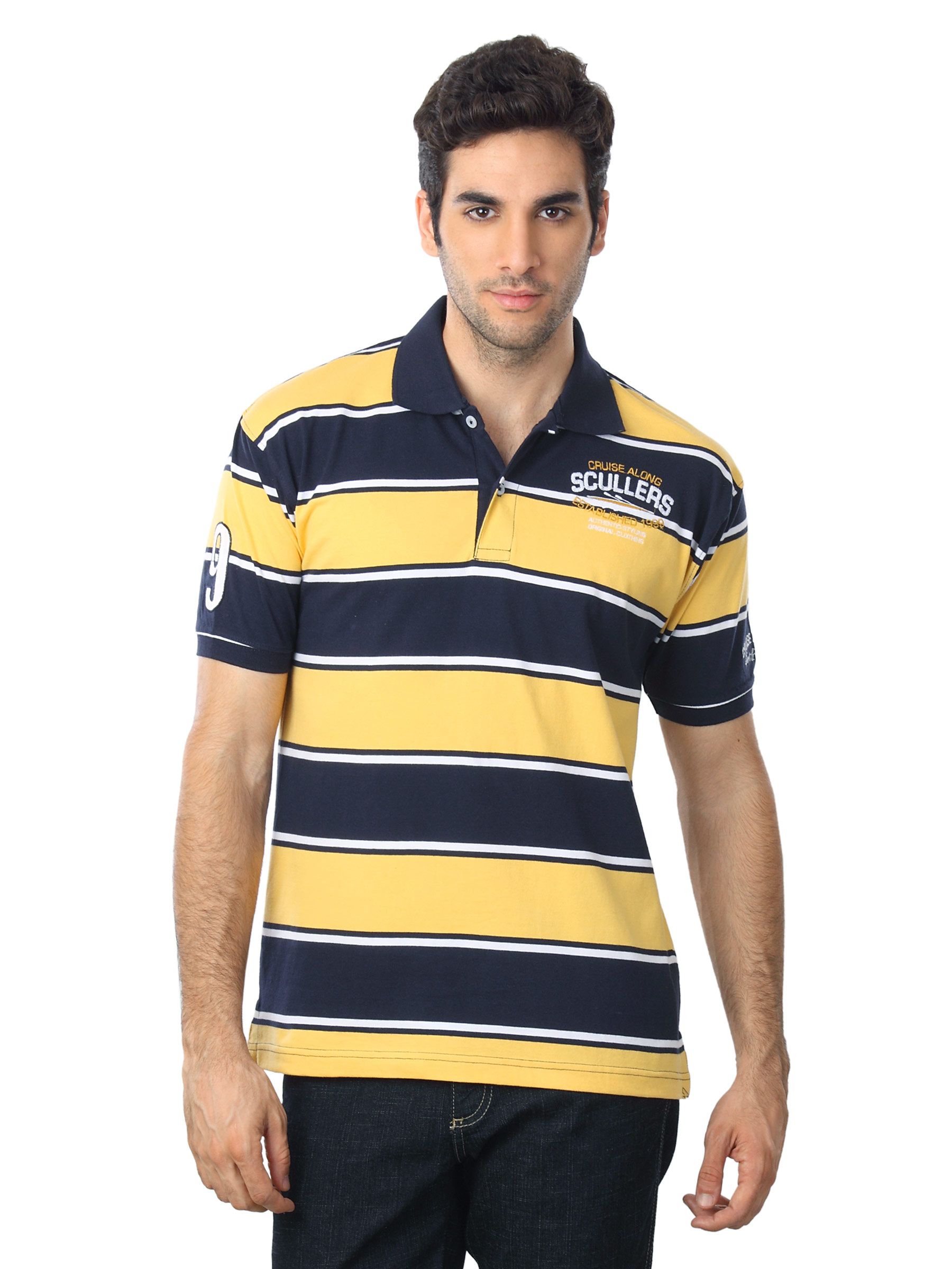 Scullers Men Yellow & Navy Blue Striped T-shirt