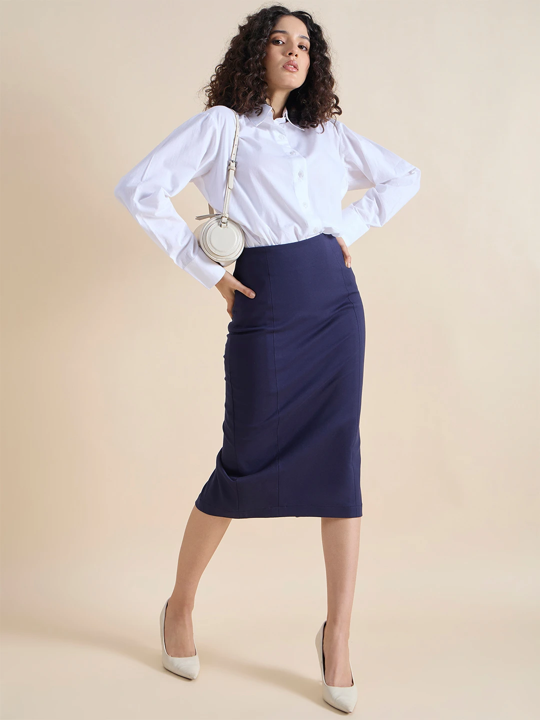 PowerSutra Women Navy Blue 4-Way Stretch Pencil Skirt view 1