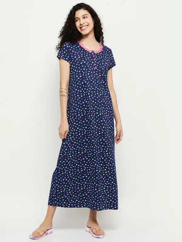 chinese dress ladies Mummuu Caftan Maxi Dress, Purple Blue Floral Printed Nightgown S/M