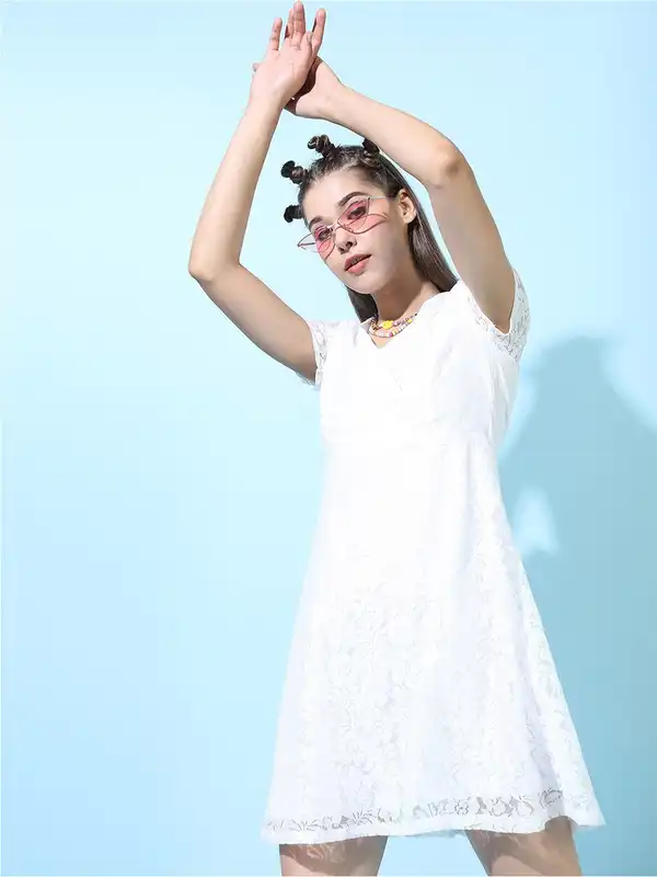 chinese dress ladies Buy White Scalloped Neck Midi Dress for Women by Taro India main image 1