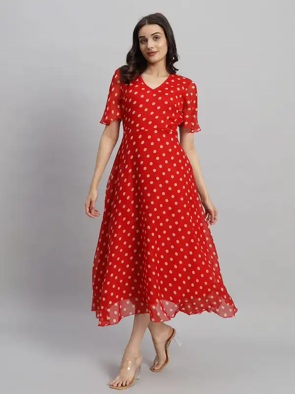red polka dot dress online india Red Polka Dot Printed Georgette Tiered Midi Dress | EST-VT-110