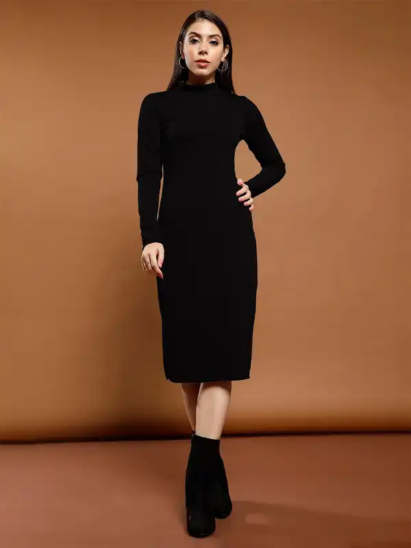 knee length dresses for ladies Long Sleeve High Neck Bodycon Midi Dress  Solo Stylez