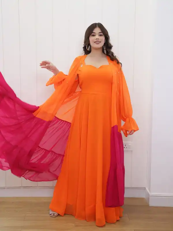 orange shrug for dresses Orange Organza Shrug with Black Dress KotiSutra