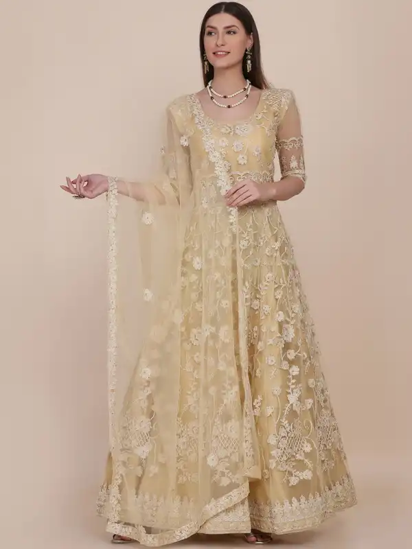 Beige Net Embroidered Dress Material
