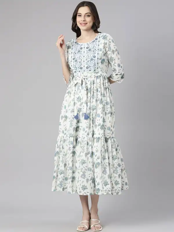 open lace back dress Neerus Green Floral Printed Georgette Maxi Dress for Casual Party Women   Neerus India