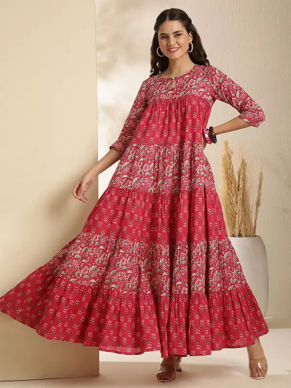 chinese dress ladies Handcrafted Cotton Midi Dress Jaipur Print – thejaipurart.com main image 1