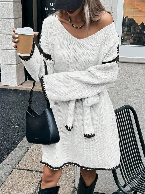 chinese dress ladies Long Sleeve Contrast Tipped Sweater Dress in Blue Moon Ivory main image 1