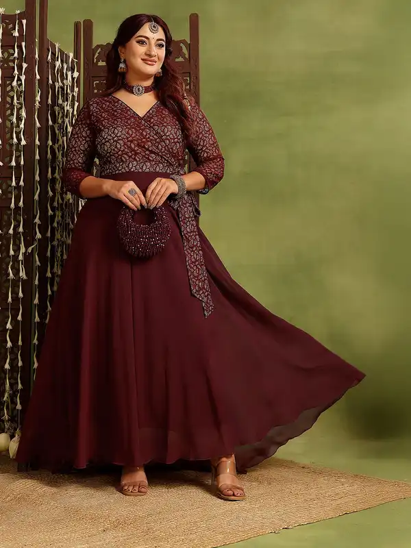 chinese dress ladies Sanchi Maroon Chanderi Sleeveless Tiered Maxi Dress – Handikart Online  Sales Private Limited