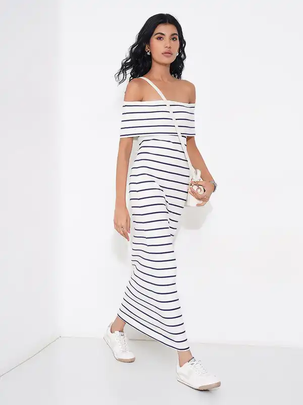 Navy Blue White Women Dresses Off Shoulder - Buy Navy Blue White Women Dresses  Off Shoulder online in India