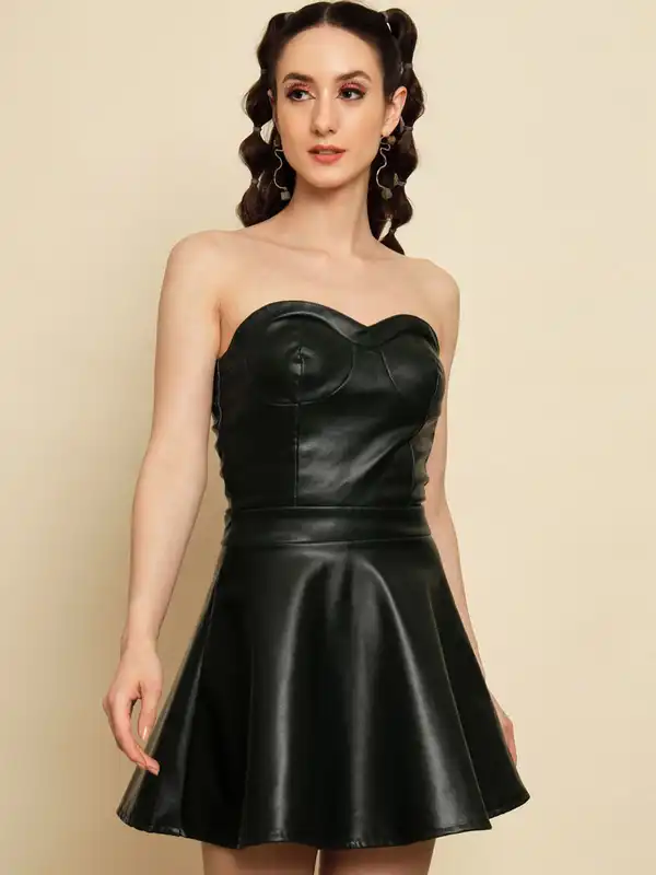 chinese dress ladies Plus Size Plus Size Black Cruelty Free Leather Dress Online in India main image 0