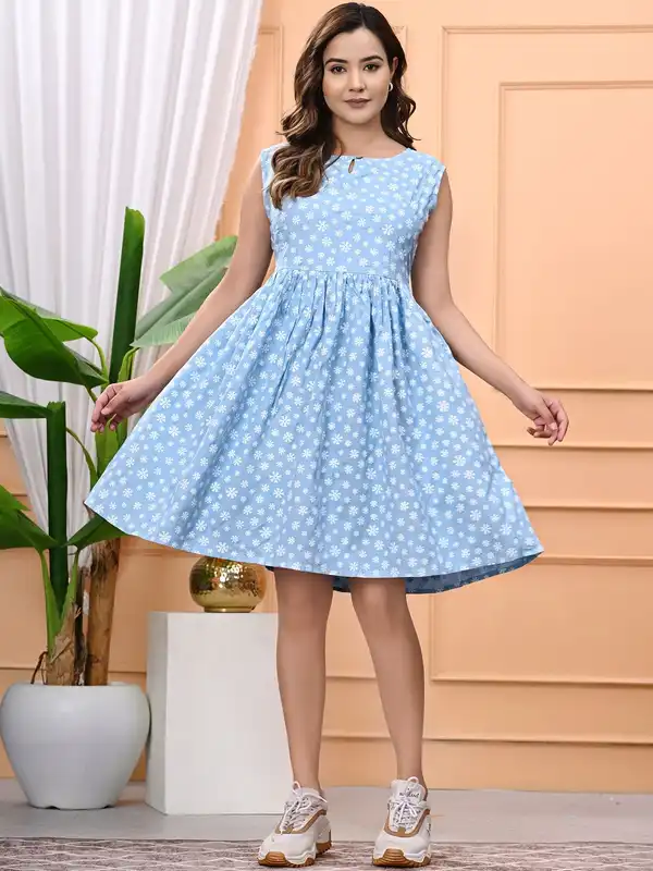 sachin and babi light blue dress Women Spring Middle Long Sleeve Floral Print O-neck Dress Summer Casual  Large Size Ankle-Length High Waist Loose Dresses Buy cheaply on Joom