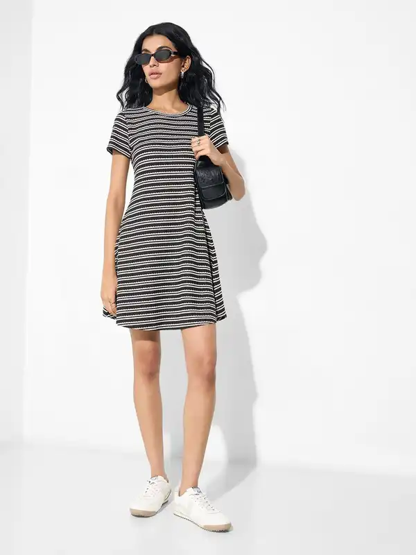 blue dress for baby girl Black Tweed Short Puff Sleeve Dress - Mini Dresses
