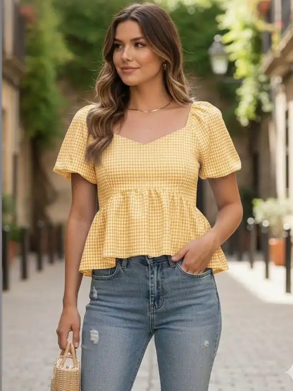 Yellow Checked Peplum Top - Buy Yellow Checked Peplum Top online