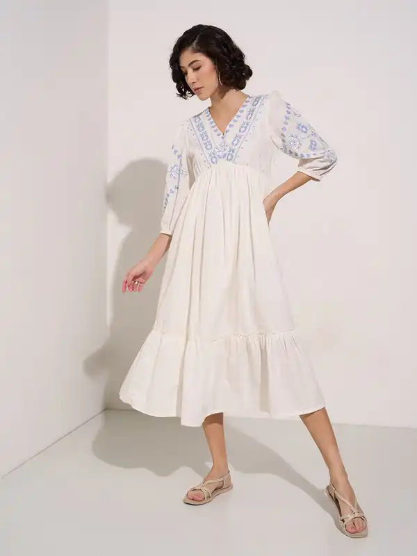 chinese dress ladies Buy Akkriti by Pantaloons Women Calf Length Polyester Georgette Classic  Below Hip Dress (110154554001_Ecru, XS at Amazon.in main image 0