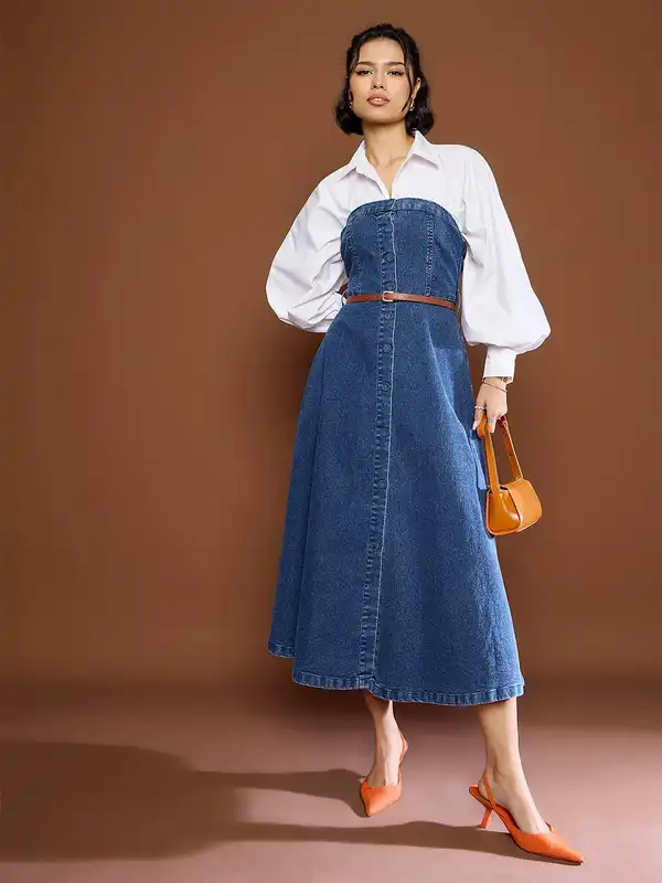 denim midi dress india Denim Blue White Contrast Cotton Midi Dress for Women India