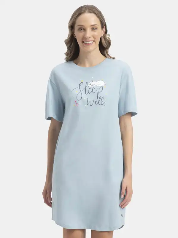 knee length dresses for ladies Buy Micro Modal Cotton Ruffled Hem Styled Half Sleeve Printed Sleep Dress -  Ruby RX25