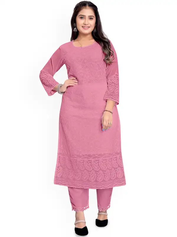 Estationeryhouse Dames Georgette Anarkali Kurta Kurti met zwaar borduurwerk met contrasterende Dupatta (onderkleding niet inbegrepen), Paars, L