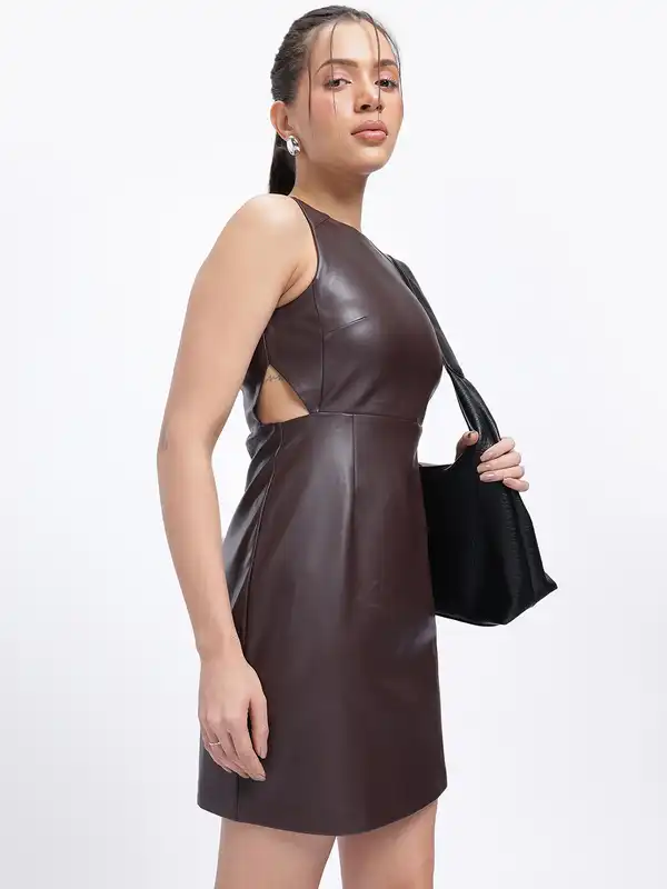 chinese dress ladies Mocha Faux Leather Draped Midi Dress XL