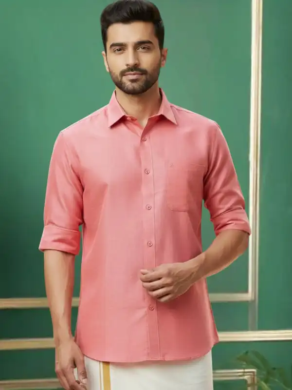 slim fit dress slacks Men's Peach Printed Slim Fit Casual Shirt – Full Sleeves main image 1