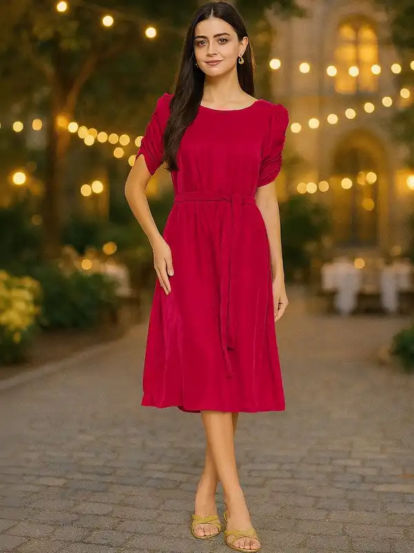 red one piece dress knee length Modest Red Knee Length Formal Dress with Bow Size 26W / Other