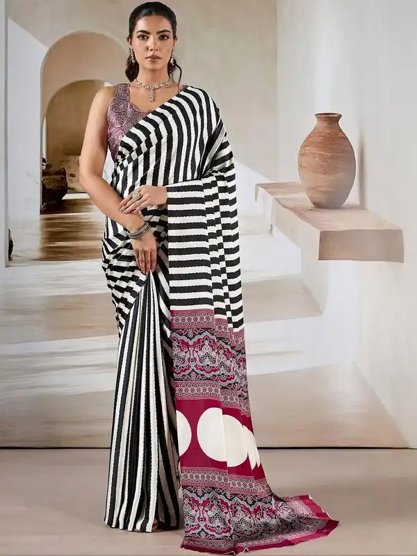 Striped Black Traditional Ethnic Saree - Buy Striped Black