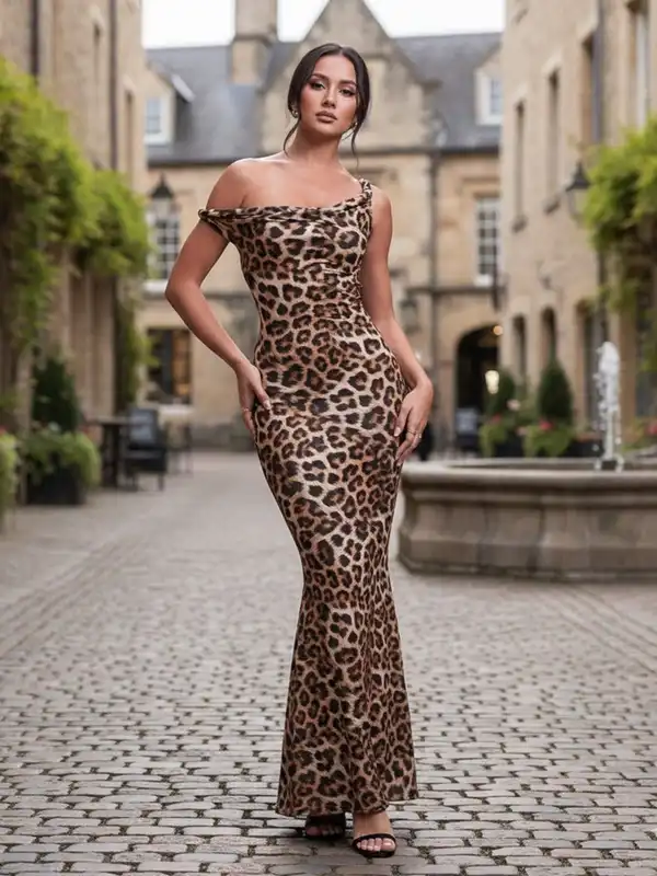 knee length dresses for ladies Multi Leopard Print Mesh Overlay Long Sleeve Bodycon Midi Dress – AX Paris main image 0