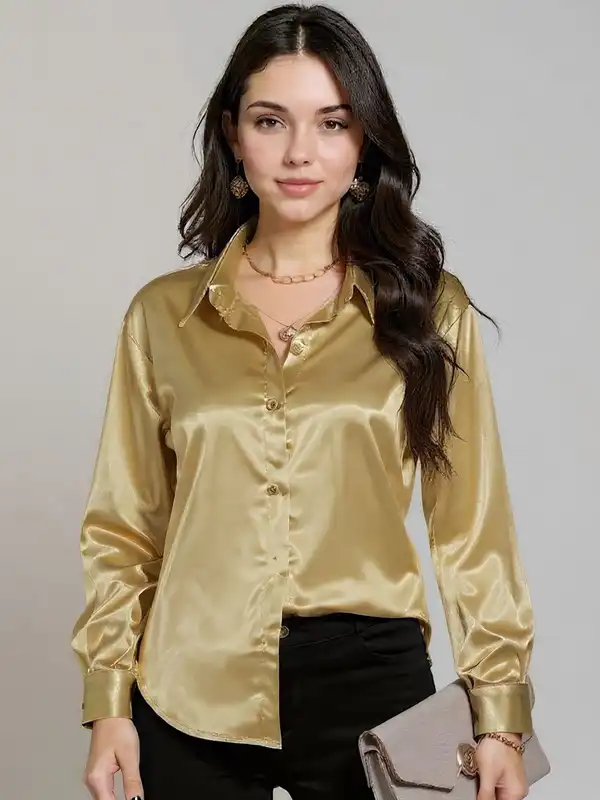 gold dress shirt women's Yumi Gold Metallic Relaxed Balloon Sleeve Shirt