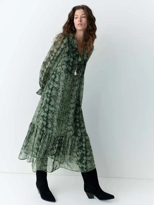 slim fit dress slacks Rent M&S X GHOST Green Floral V Neck Midi Dress main image 1