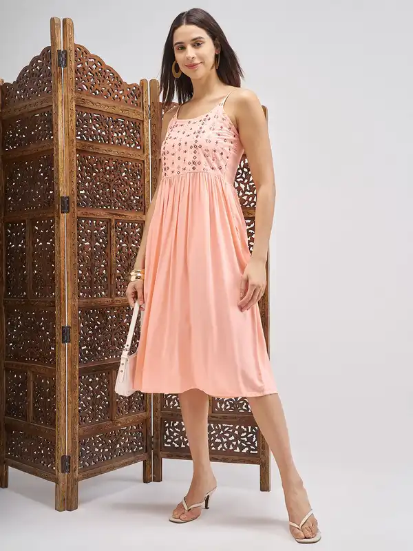 Peach Embellished Casual Dress