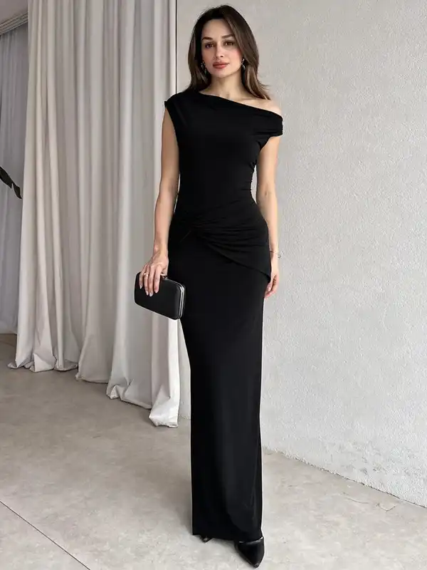strapless open back dress SATIN GATHER ONE SHOULDER DRESS | BLACK — THIRD FORM