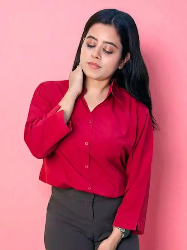 slim fit dress slacks Hancock Women Red Solid Viscose Rayon Regular Fit Formal Shirt main image 0