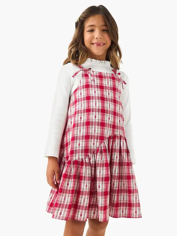 strapless open back dress Little Green Radicals Soft Red Checkered Pinafore Dress – Babipur main image 1