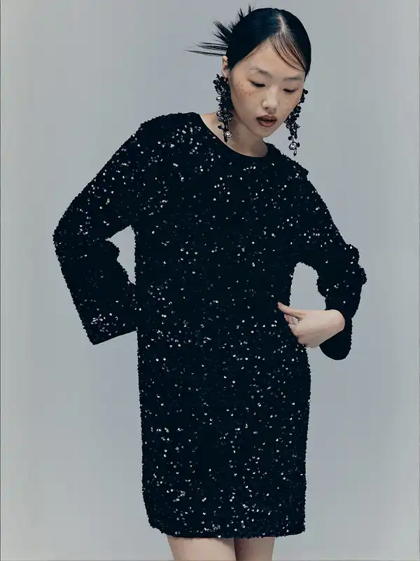h&m sequin black dress Ladies - Black Sequined Wrap Dress - Size: S
