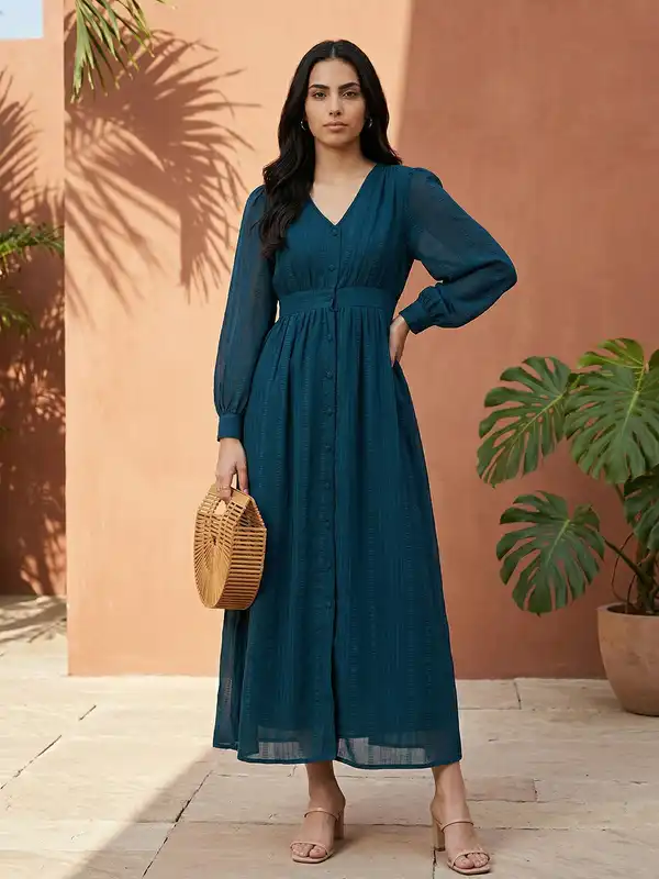 chinese dress ladies Teal Pleated Maxi Dress with Waist Tie