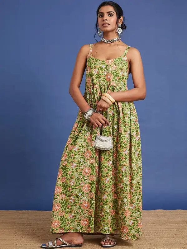 green emerald velvet dress Peach Organza Shrug with Green Dress – KotiSutra main image 0