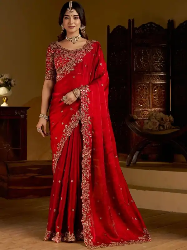 strapless open back dress Red Floral Embroidered Satin Bridal Designer Saree