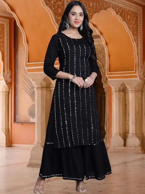 white christmas dresses Gorgeous Black Floral Embroidered Straight Cut Sharara Suit main image 1