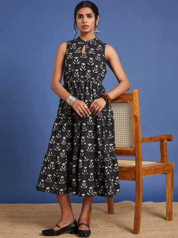 slim fit dress slacks Frost Blue Floral Block Print Dress