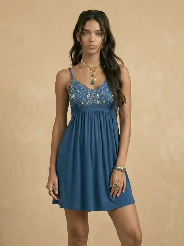 knee length dresses for ladies Zita Embroidered A-Line Mini Dress - Cobalt main image 1