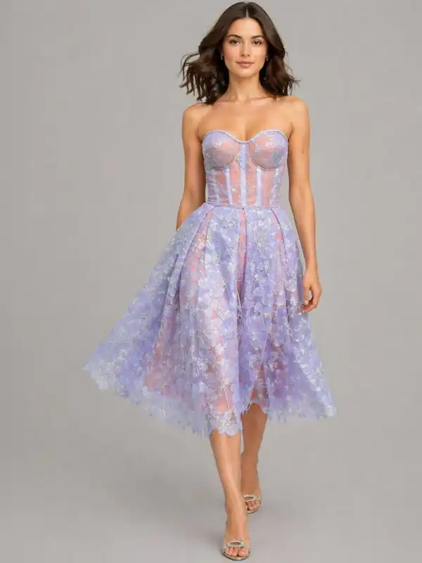 knee length dresses for ladies Women's My Debut Lavender Embroidered Floral Midi Dress | Color: Purple | Size: S main image 1