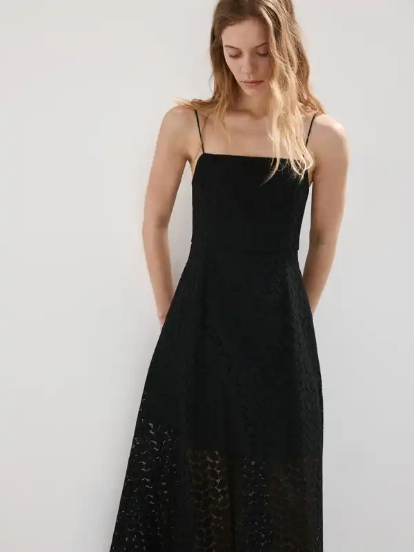 black lace dress mango Long dress with lace details - Women