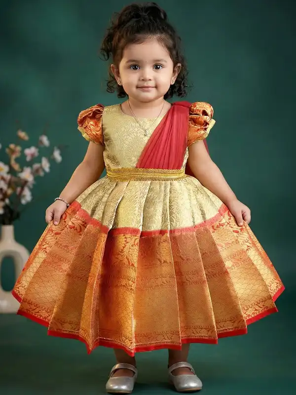 knee length dresses for ladies Pastel peach Onam dress main image 0
