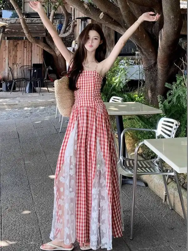 fitted lace wedding dress Red Plaid Sleeveless Cotton Maternity Maxi Dress – PinkBlush main image 1