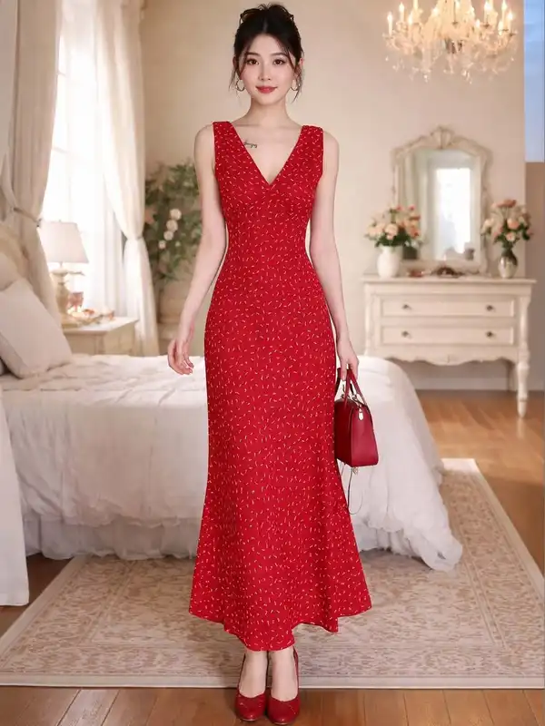 chinese dress ladies Red Linen Blend Bustier Maxi Dress - Romantic Dresses