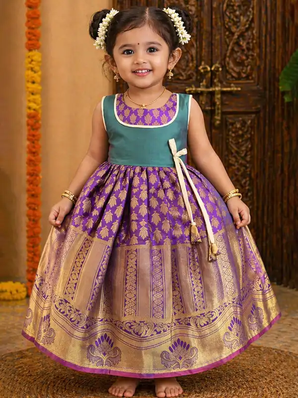 knee length dresses for ladies Yellow and Green Kanchi Pattu Gown main image 1